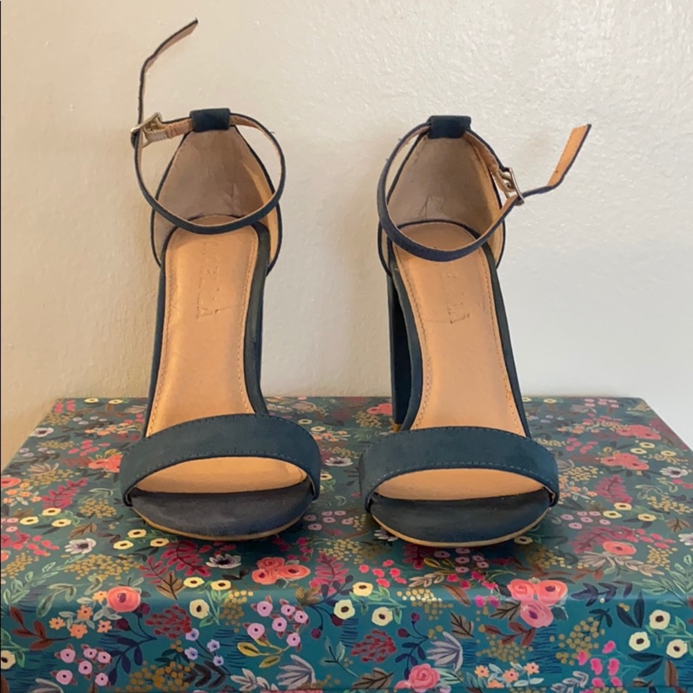 Teal Faux Suede Two Strap Chunky Heels
